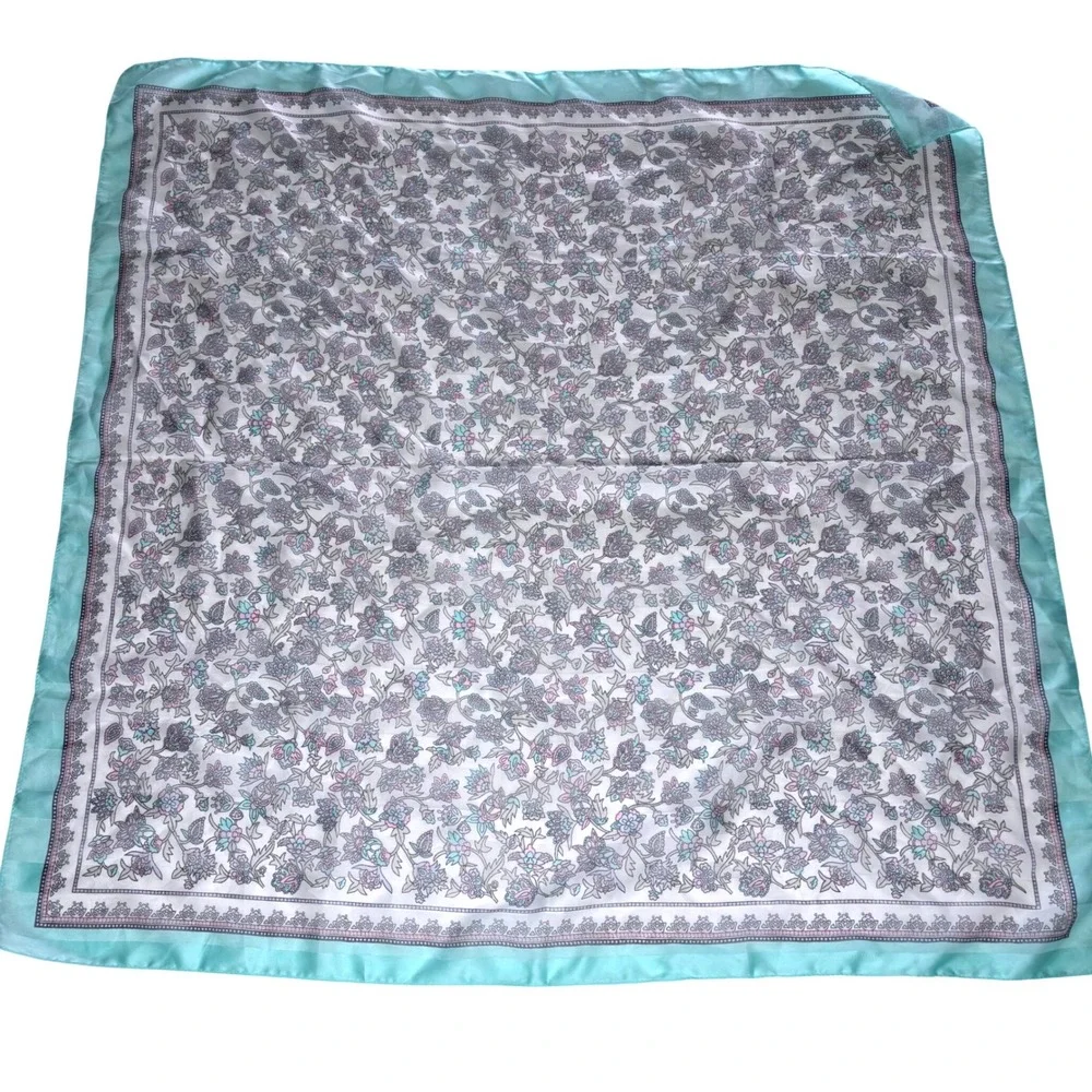Vintage Berkshire Silken Polyester Scarf Floral Teal Border Grandmacore Coquette